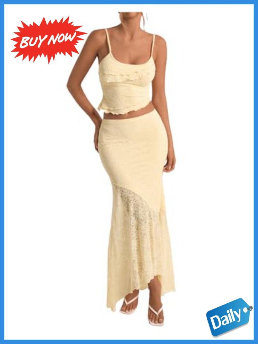 2 Piece Maxi Skirt Set Ruffle Lace Camisole Women's Summer